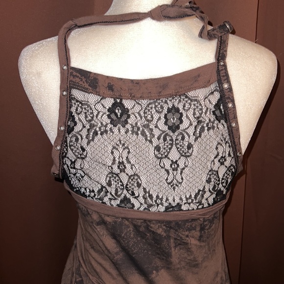 SALVAGE Brown Front Lace-up Mesh Back Dress Rhinestone Embellishments Large - Picture 6 of 10
